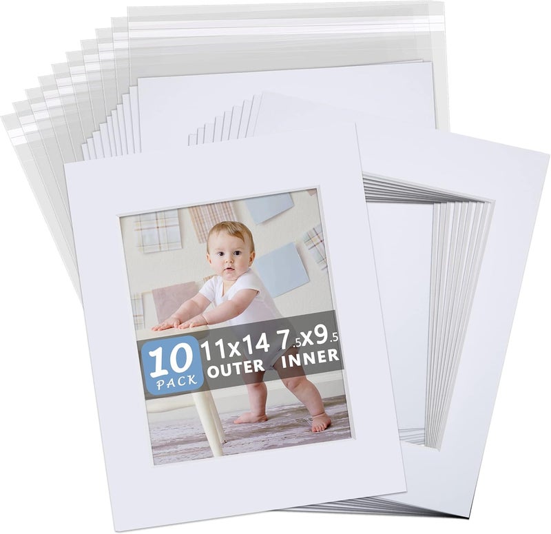 Somime 10 Pack White Photo Mats 11x14 for 8x10 with Core Bevel Cut Matte Sets, Acid Free Mat Board for Picture Frame, Photos, 11x14 Mat - Includes Pre-Cut Mats, Backing Boards and Clear Seal Bags - Image 1